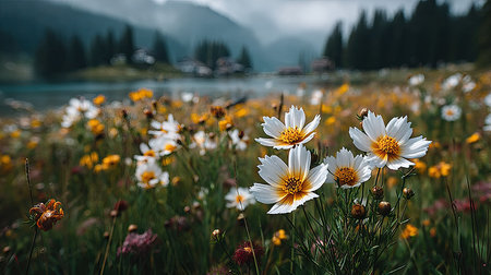 White cosmos flowers on a meadow in front of a mountain lakeの素材