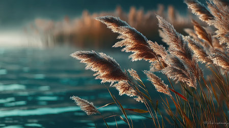 Beautiful reed grass on the lake shore at sunset in autumnの素材