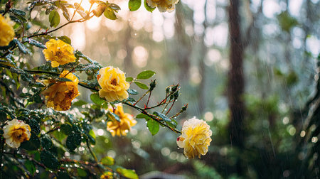 Blooming yellow roses in the rain. Raindrops on the flowers.の素材