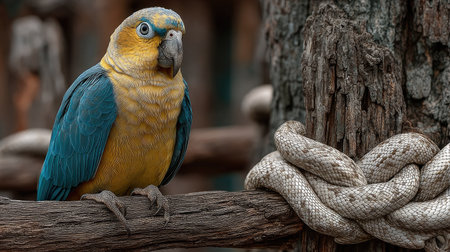 Portrait of a blue-and-yellow macaw sitting on a branchの素材