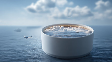 Coffee cup on the sea with seagulls in the backgroundの素材