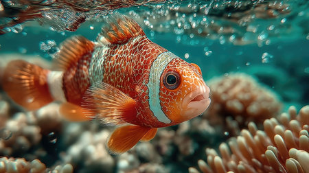 Clown fish in the coral reef. Underwater life. 3d renderの素材