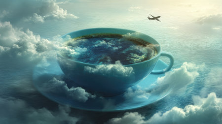 Cup of coffee and airplane in the sky. 3D renderingの素材