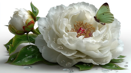 White peony and butterfly on a white background with water drops.の素材
