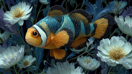 cartoon scene with clownfish and flowers on dark background - illustration for childrenの素材
