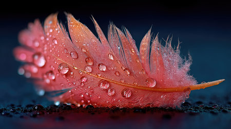 Beautiful color feather with water drops on dark background. Closeupの素材