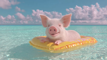 Cute pig swimming in the sea on an inflatable ring.の素材