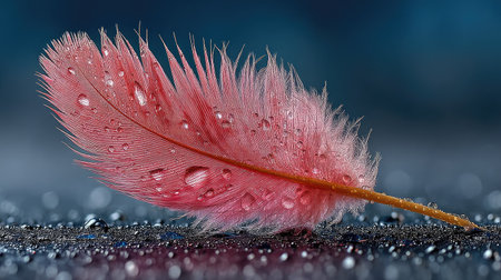 Pink feather with water drops on a dark background. Close-up.の素材