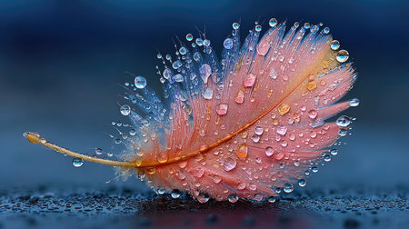 Beautiful feather with water drops on dark background, close-upの素材