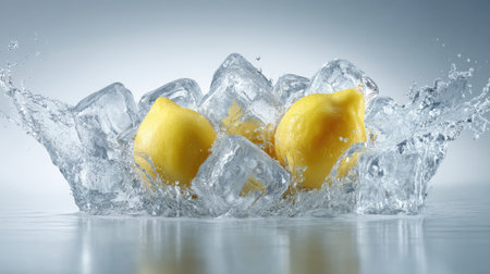 Lemons in ice cubes with water splash on gray background.の素材