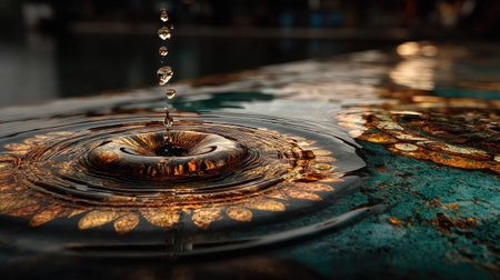 Water drop falling into the water with a beautiful pattern. Abstract backgroundの素材