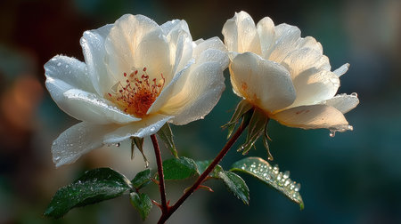 two white roses with dew drops on petals on a green backgroundの素材