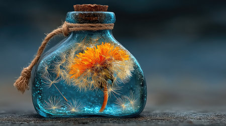 Dandelion flower in a bottle on a dark background. 3d renderingの素材