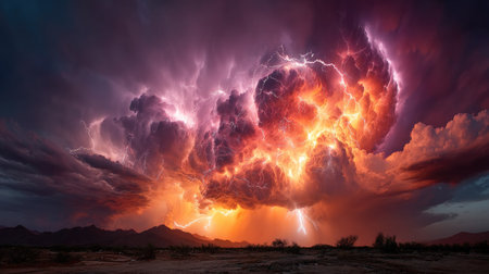 Dramatic thunderstorm over the desert at sunset, USA.の素材