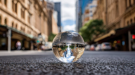 Glass ball with reflection of the street in New York City, USA.の素材