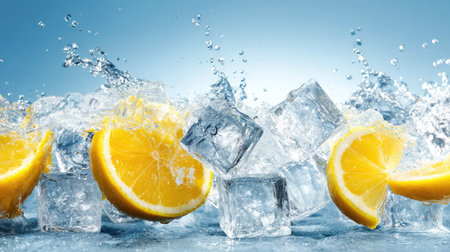 Slices of lemon and ice cubes with water splash on blue backgroundの素材