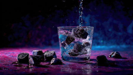 Ice cubes in a glass with water splashes on a dark backgroundの素材