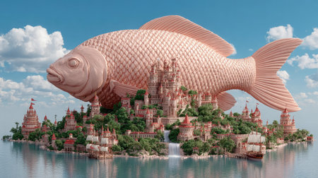 Fantasy world with a big fish in the water. 3D renderingの素材