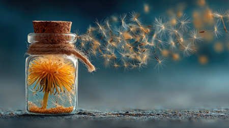 Dandelion seeds in glass bottle on blue background with flying seedsの素材