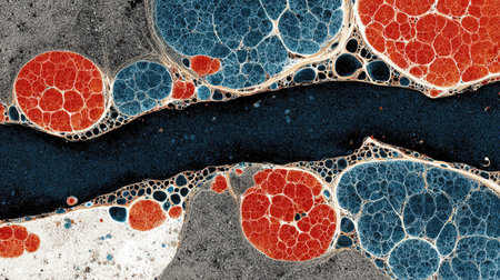 abstract background with grunge stains and blue and red spots on the surfaceの素材