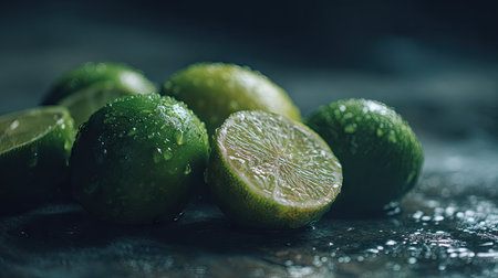 Fresh limes with drops of water on a rustic background.の素材