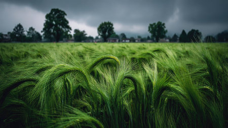 Green wheat field with dark clouds in the background. Shallow depth of field.の素材