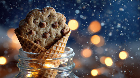 Chocolate chip cookie in waffle cone on bokeh backgroundの素材