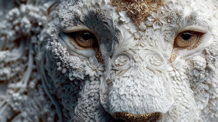 Close-up of the face of a lion in the mask.の素材