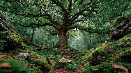 Old oak tree with moss and ferns in the forest.の素材