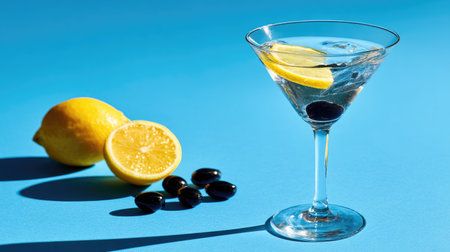 Cocktail with lemon, olives and ice on blue backgroundの素材