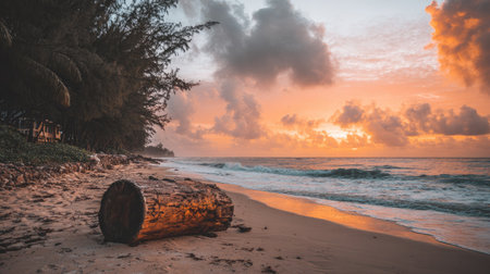Beautiful sunset on the beach with a tree trunk in the foregroundの素材