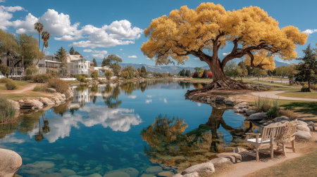 Panoramic view of a lake with a tree in the foregroundの素材