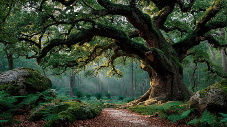 Hiking trail through an old oak tree in a misty forestの素材