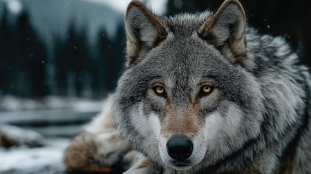 Portrait of a gray wolf in the winter forest. Wild animal in nature.の素材