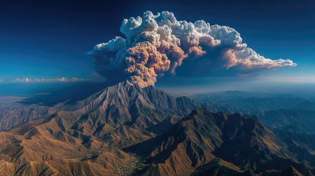Aerial view of volcano eruption. 3D Rendering and illustrationの素材