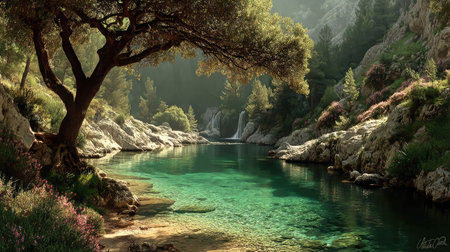 Beautiful summer landscape with turquoise mountain river and trees.の素材