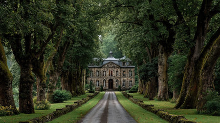 Old mansion in the park with green trees and a paved path.の素材