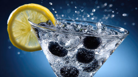 Cocktail with blueberries, lemon and ice on blue backgroundの素材