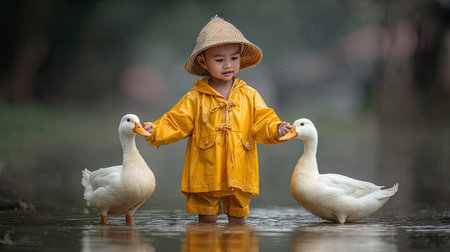 cute asian child wearing yellow raincoat and hat playing with ducksの素材