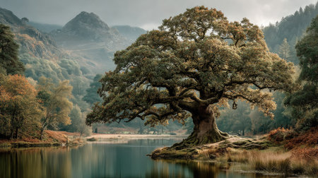 Beautiful autumn landscape image of English Lake District with old oak treeの素材