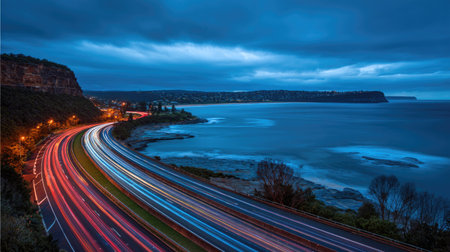 A long exposure shot of a highway in Sydney, Australia during sunsetの素材