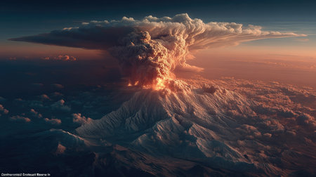 3D illustration of a volcanic eruption in the sky with a cloud.の素材