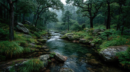 Landscape view of a small river flowing through a green forest.の素材