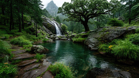 Landscape of a mountain river flowing through a forest in South Koreaの素材