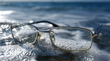 Glasses on the beach. Selective focus and shallow depth of field.の素材