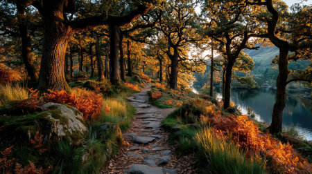 Autumn in the forest with a path leading to the lake.の素材