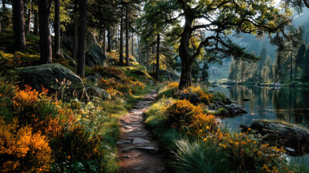 Hiking trail in the forest with beautiful view of the mountain lakeの素材