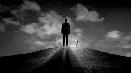 Silhouette of businessman standing on top of mountain. Mixed mediaの素材