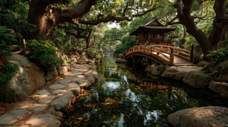 Beautiful Japanese garden with a pond and a bridge in Kyoto, Japanの素材