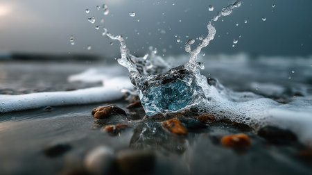Ice cube with splashes of water on the beach. Ice cube in water. Ice cube in water. Ice cube in water.の素材